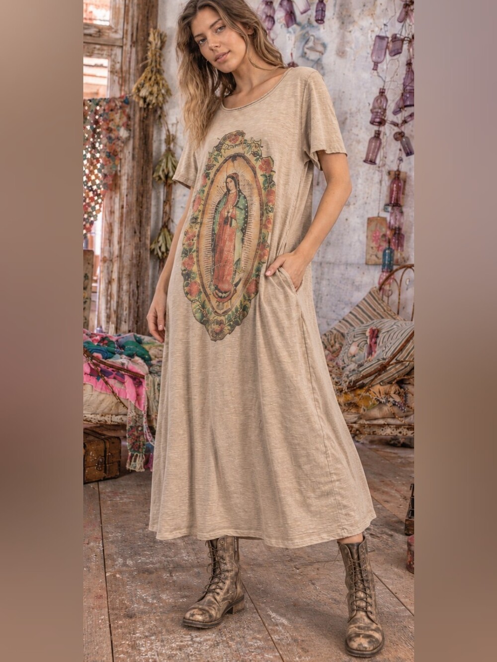 Magnolia Style Free Relaxed Beige Bohemian Long boho Maxi Dress with Pockets XL